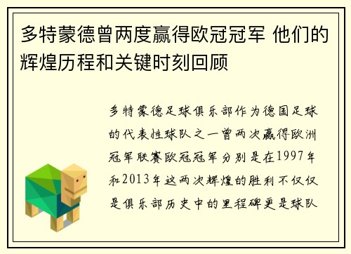 多特蒙德曾两度赢得欧冠冠军 他们的辉煌历程和关键时刻回顾